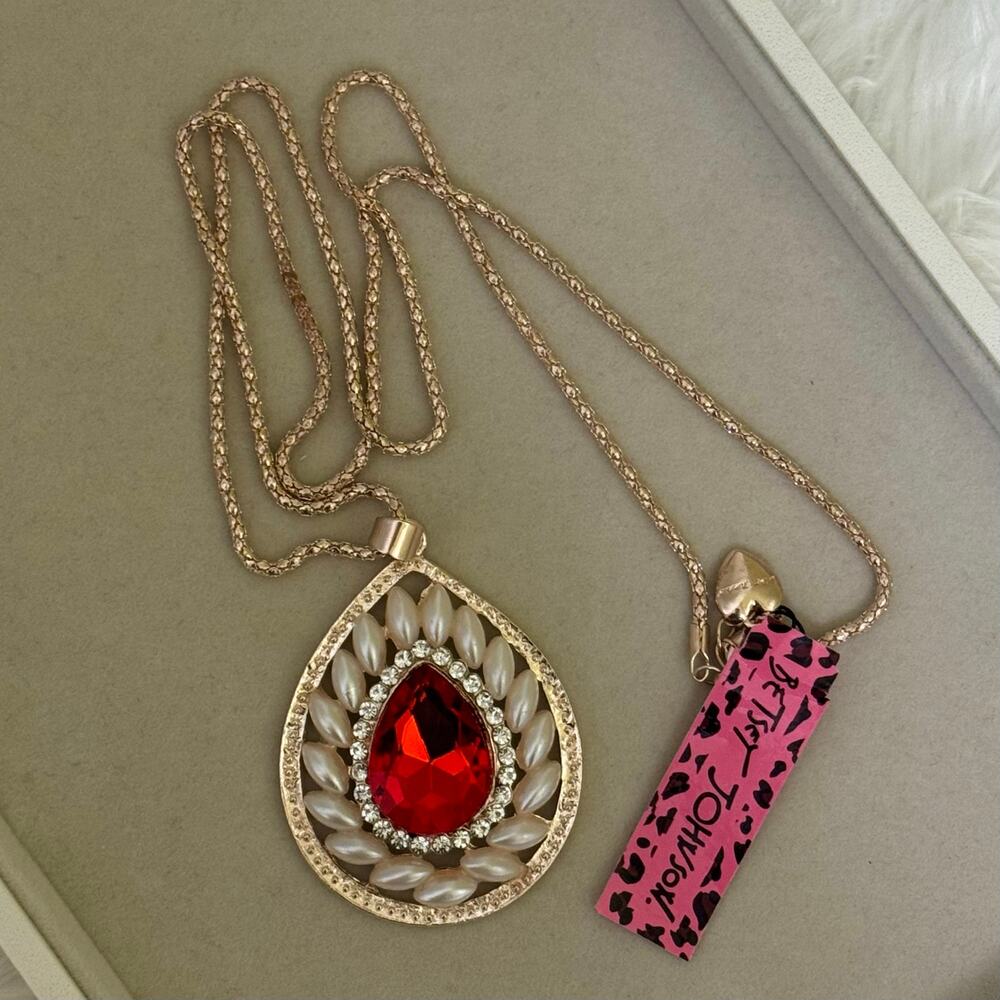 Betsey Johnson Statement Pendant Necklace Oversized Red Crystal Pearl Gold Tone